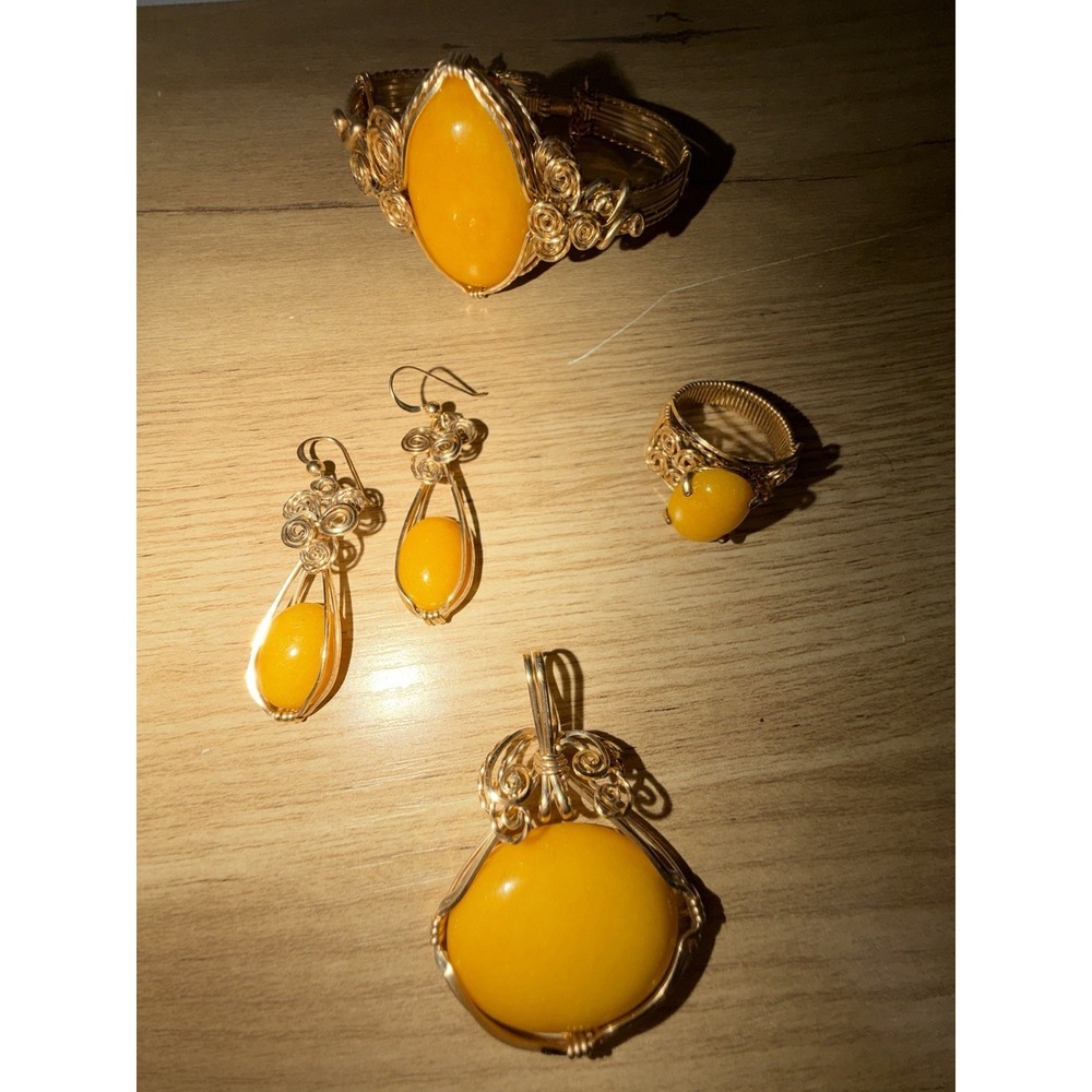 Set Of 4 Wire Wrapped Ring Pendant Earrings Bangle Butterscotch Amber Stone Colo